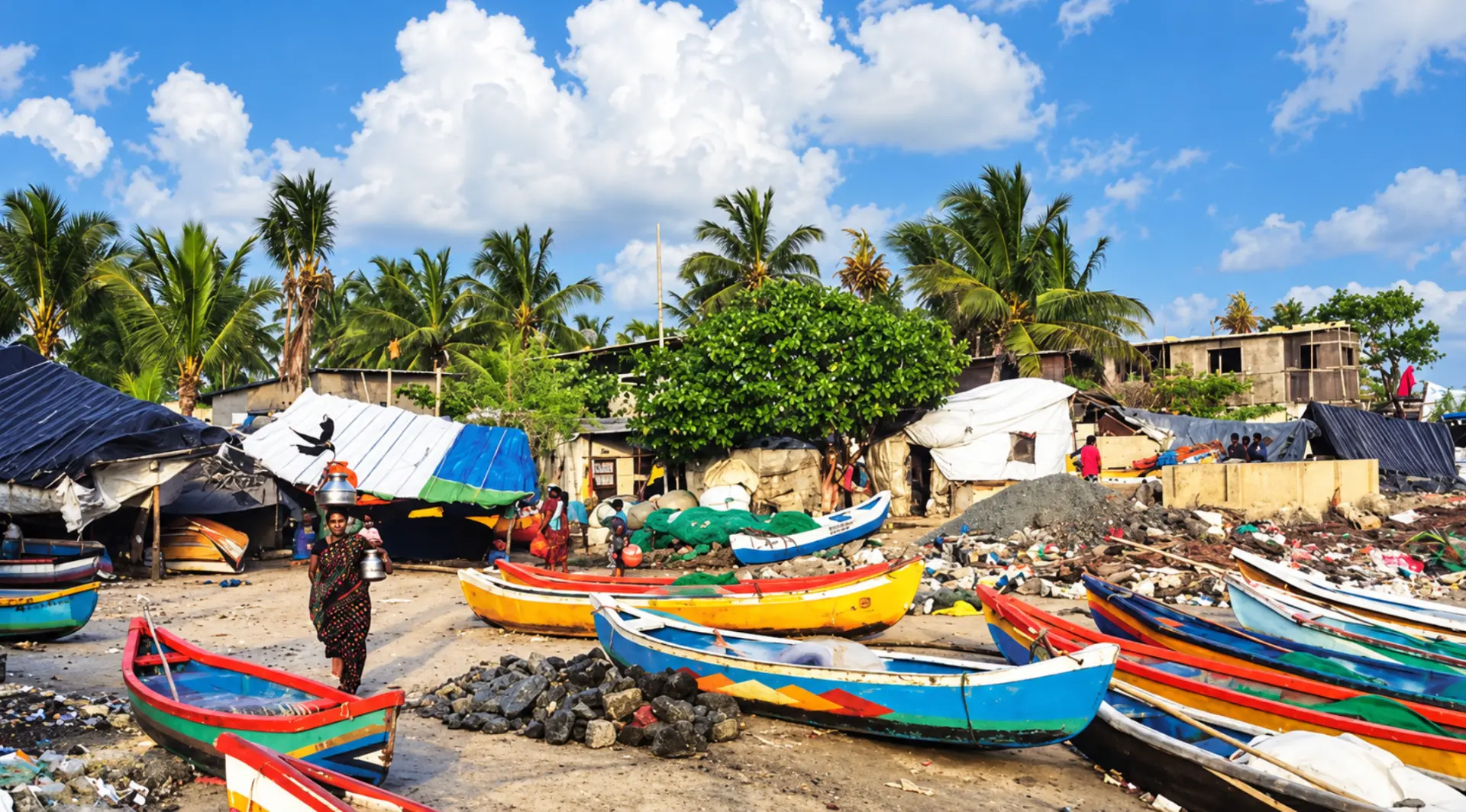 Colourful fishing boats on the shore of a coastal Indian village